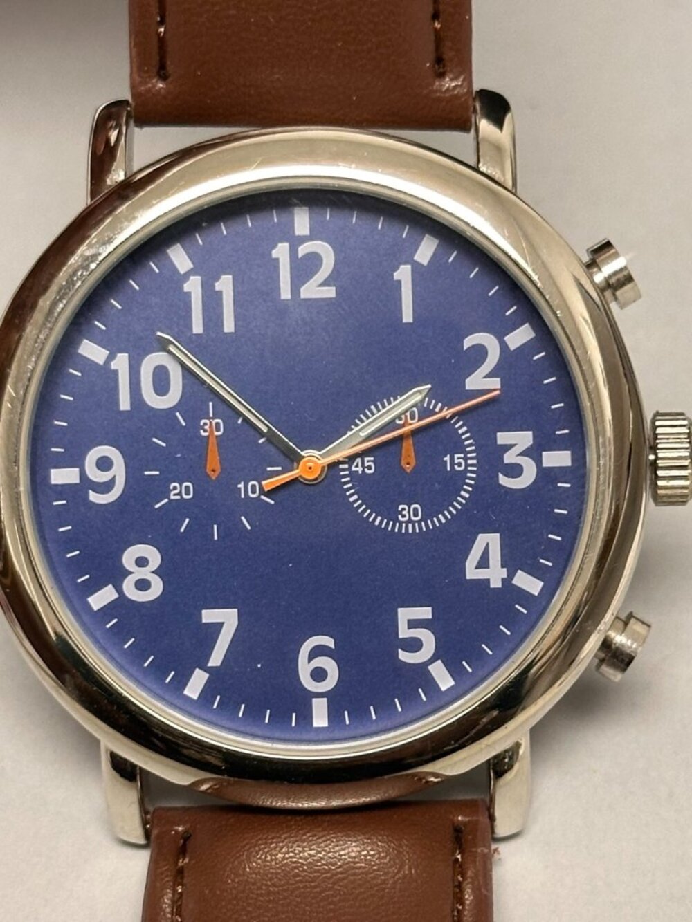 3/$30 Men Watch Silver Tone Blue Dial Faux Chronograph 46MM New Battery 10 Inch